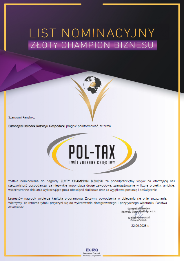GRUPA POL-TAX w roku 2025 została nominowana do nagrody ZŁOTEGO CHAMPIONA BIZNESU